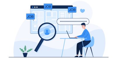 Man search for hiring job online from laptop. Human resources management concept, searching professional staff. Vector illutration flat style